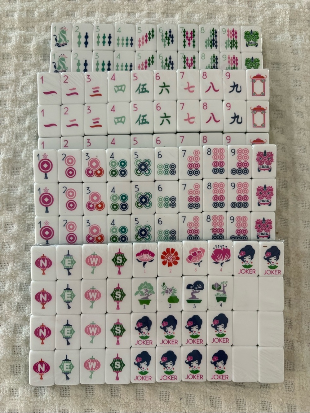 Green Classic Mahjong Tile Set - Pink & Green Designs